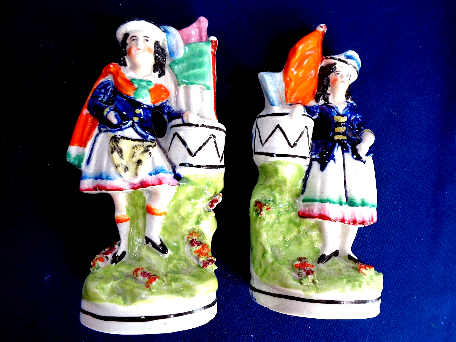 Antique Pair Victorian Staffordshire Scottish Figures - Pottery Parade Drummers