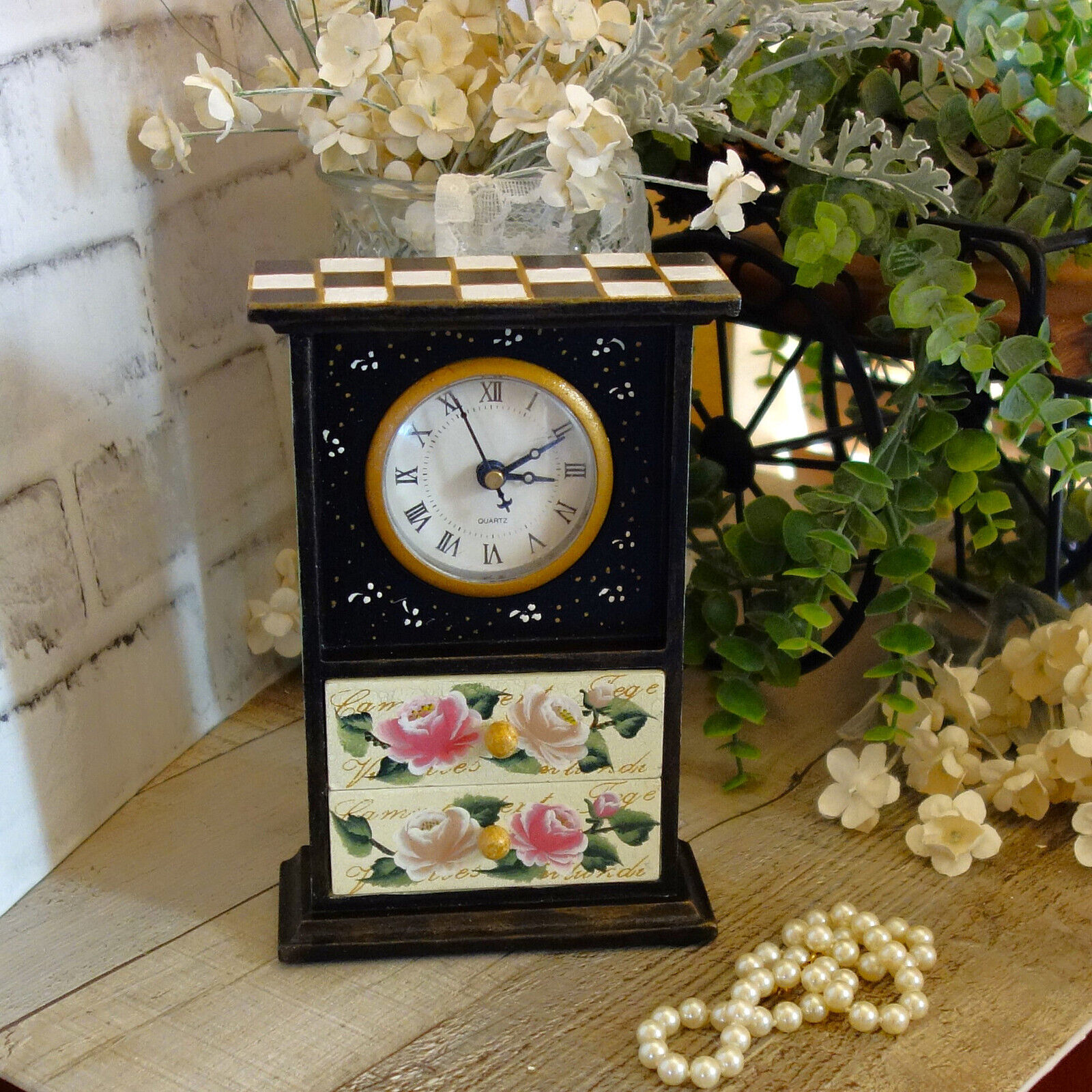 Courtly Clock Black and White Checks with Pink Roses Clock Decor Checked Whimsy