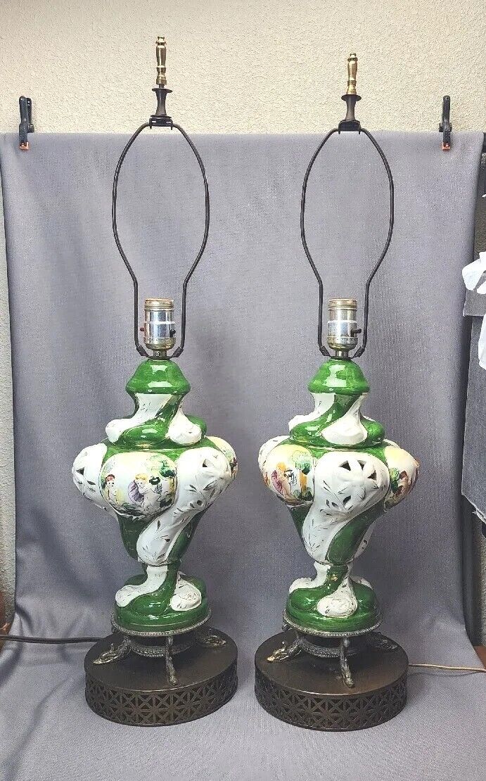 Vintage Capodimonte Italian Porcelain Table Lamps Painted Cherubs Brass Dolphins