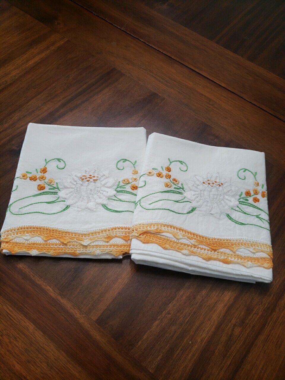 2 Embroidered Pillowcases Crochet Lace Edge Floral New, Laundered 
