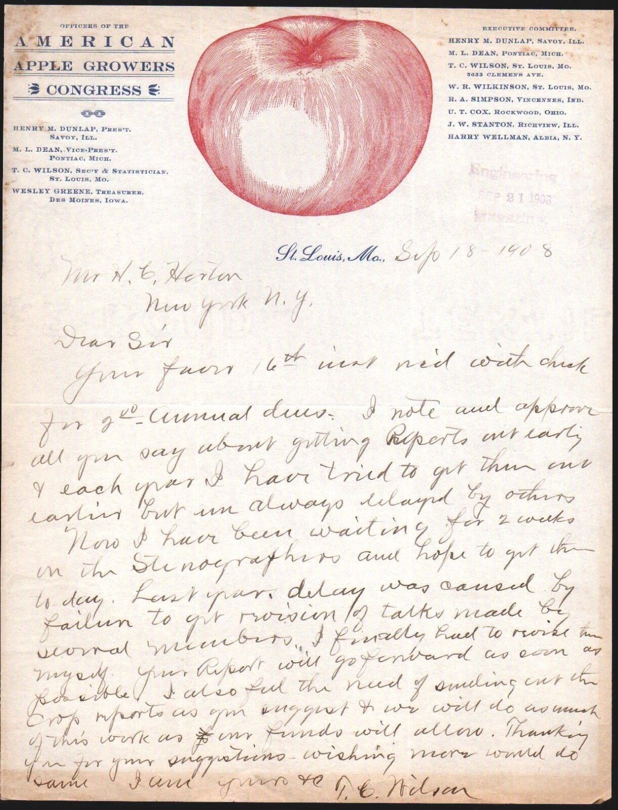 1908 St Louis Mo - American Apple Growers Congress - Henry M Dunlap Letter Head