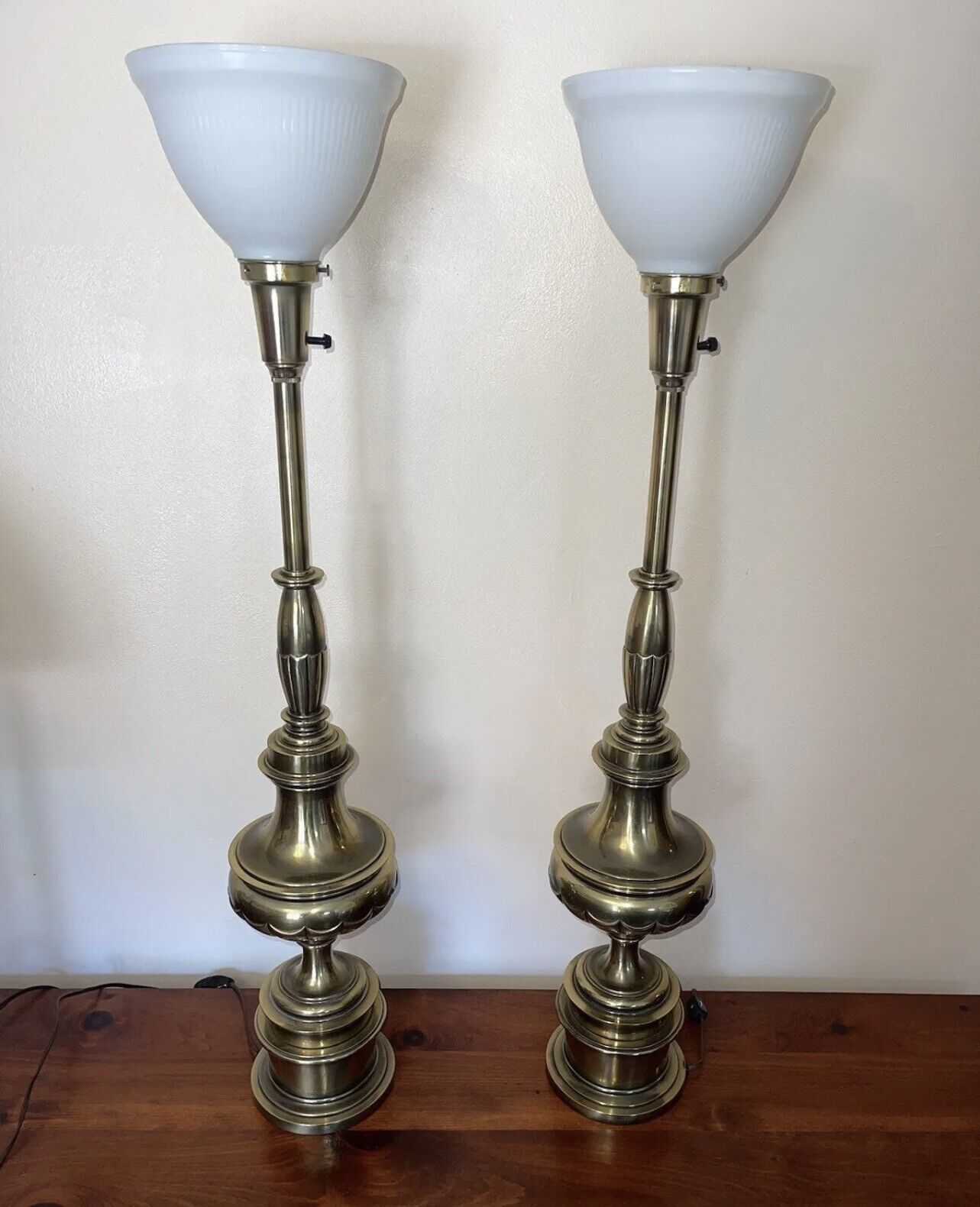 Pair Vintage Hollywood Regency MCM Regency - Stiffel Table Lamps Brass Torchiere