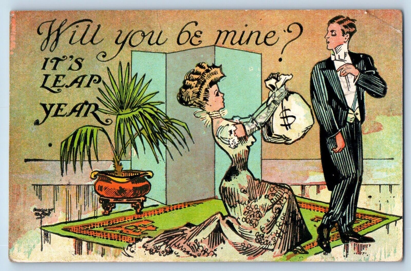 Asbury Missouri Postcard Leap Year Woman Offering Sack Of Penny Will You Be Mine