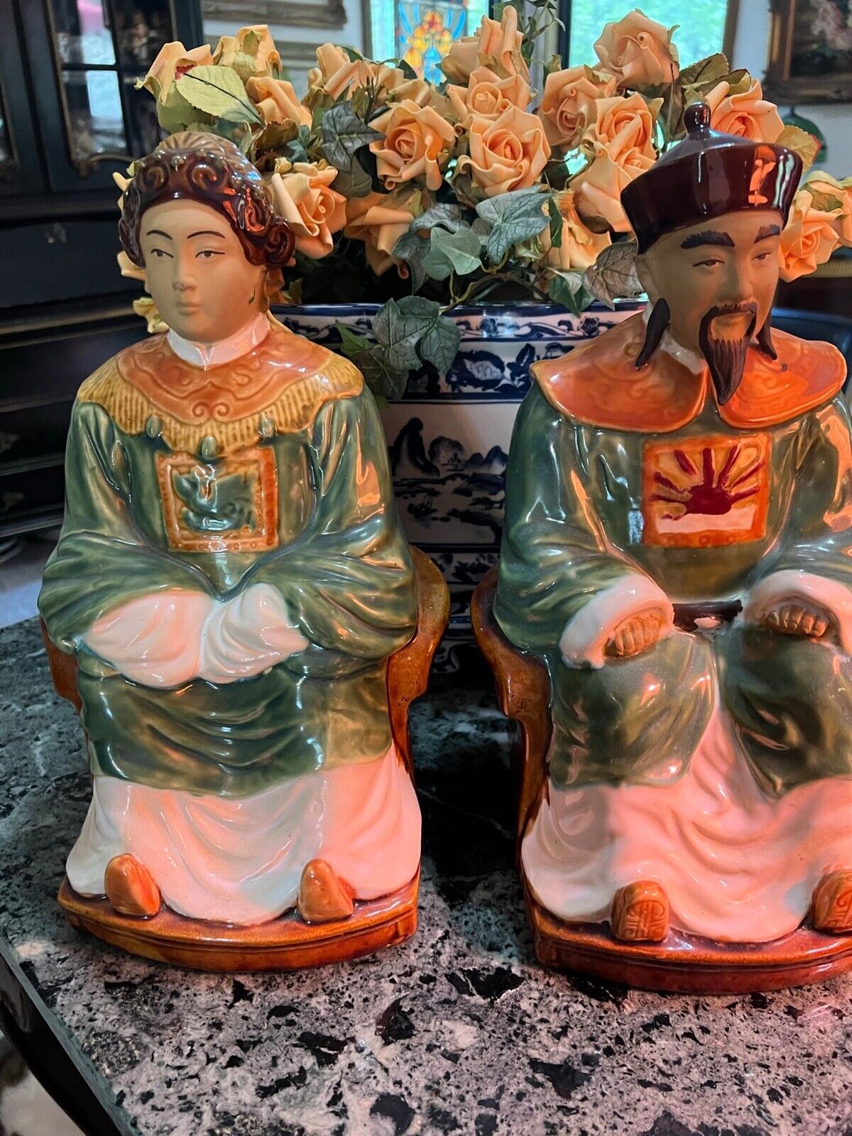 Chinese male and female large sitting on chair oriental accent