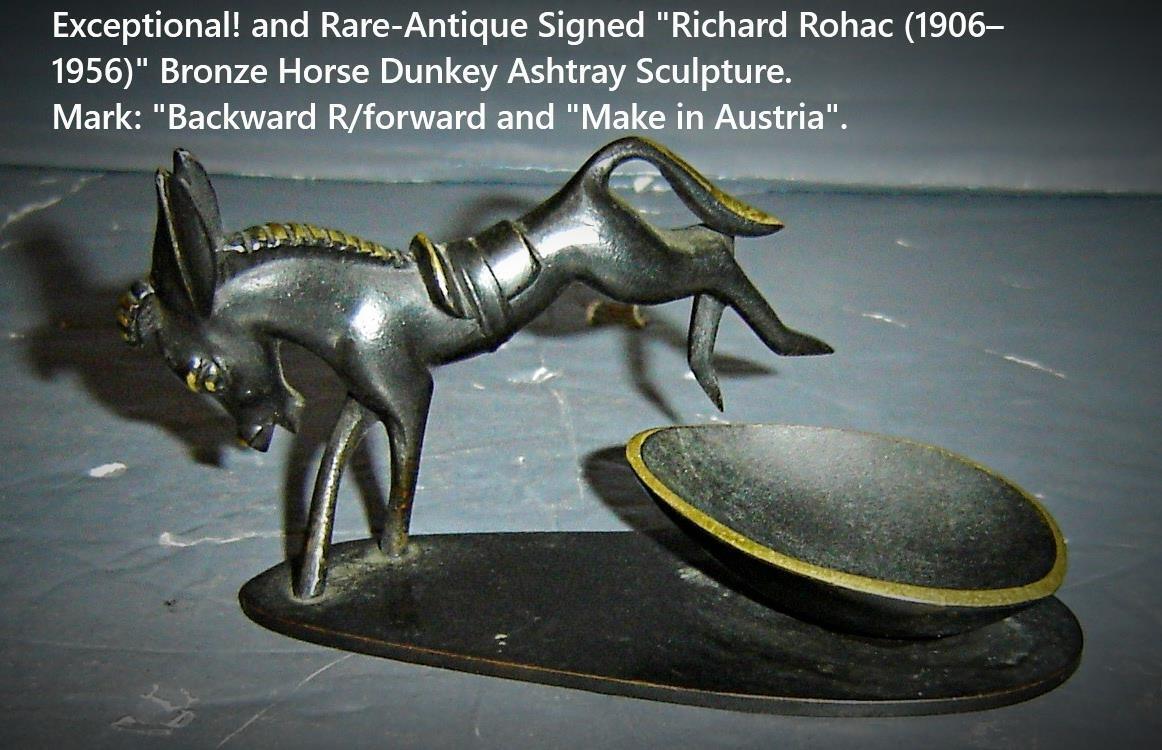 Antique Richard Rohac RR Austrian Solid Bronze Horse Dunkey Sculpture Ashtray.