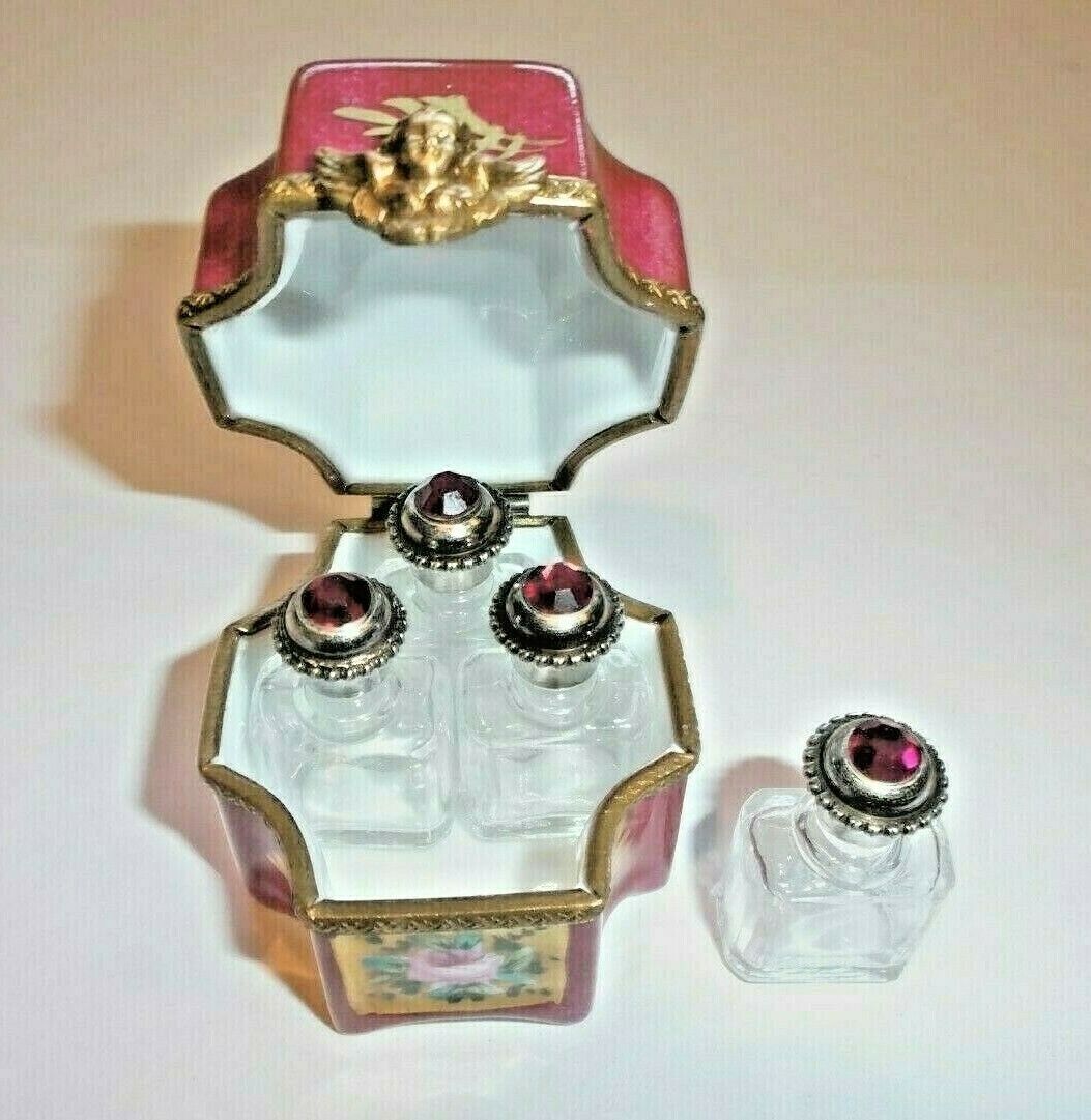 PEINT MAIN LIMOGES TRINKET - PERFUME CHEST WITH FOUR BOTTLES
