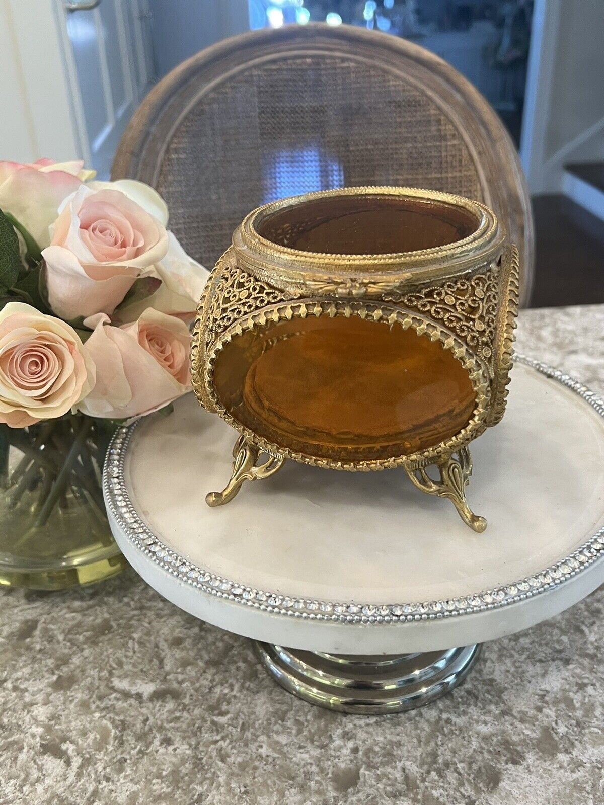 Trinket Box Glass Filigree Vanity Amber Glass Antique Vtg 