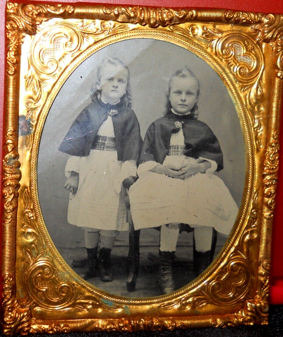 1/6th Size Tintype of Fannie and Lizzie Ely in brass mat/frame
