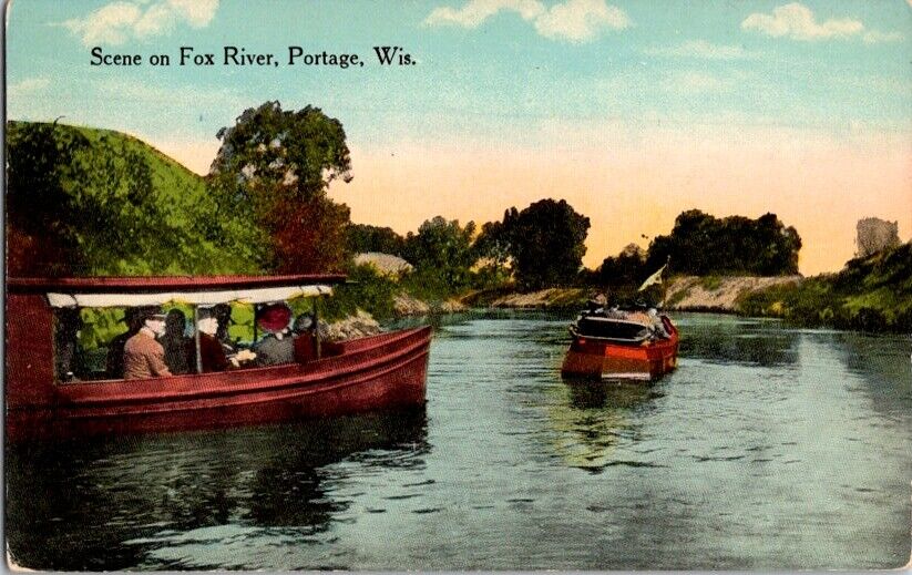 Vintage Postcard Boats on the Fox River Portage WI Wisconsin c.1907-1915   J-165