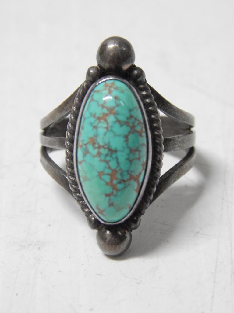VINTAGE NAVAJO INDIAN STERLING SILVER TURQUOISE RING by CORTEZ H. sz: 7 1/4