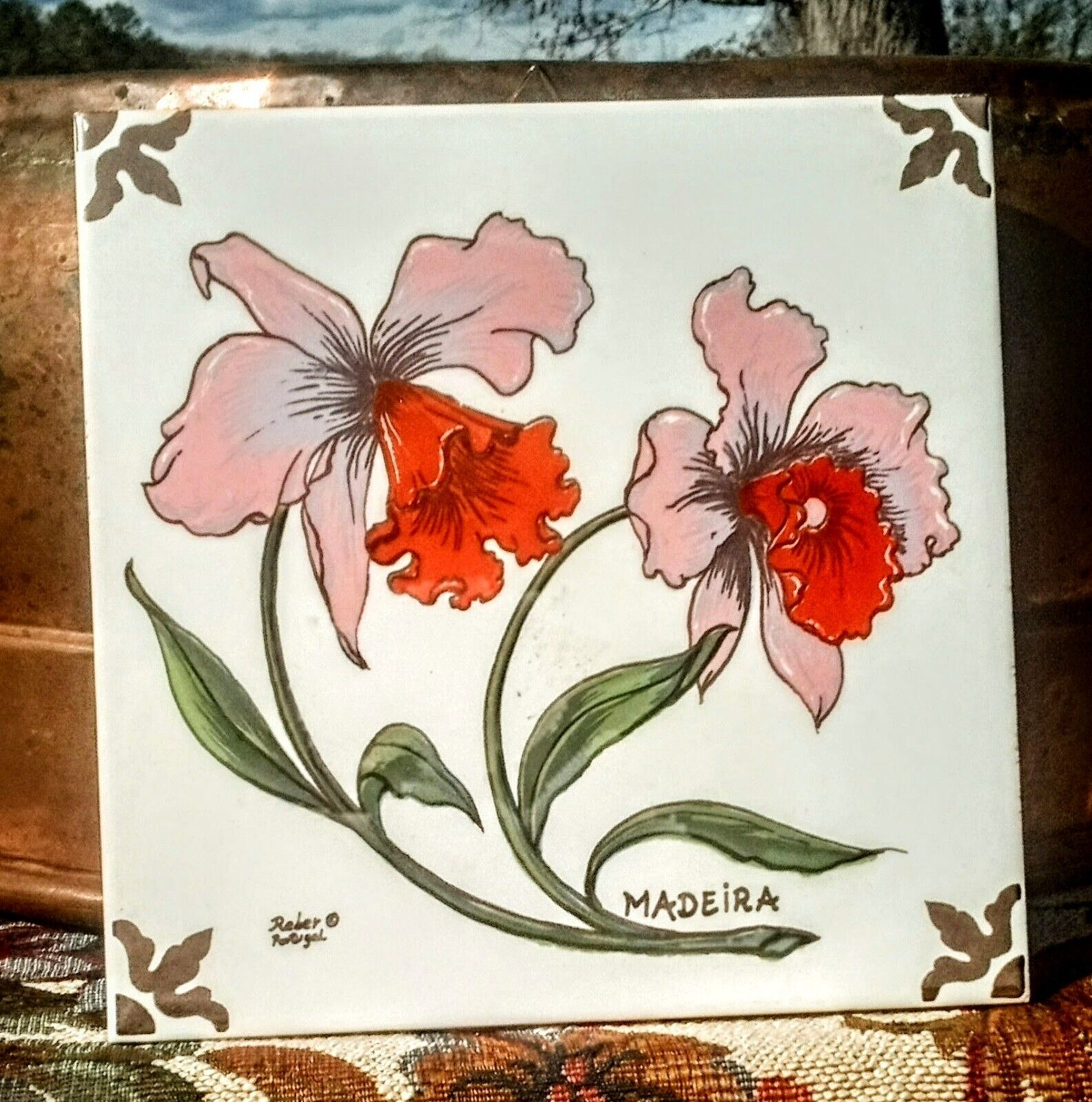 Vintage Hand Painted Orchids Tile Trivet - Madeira Portugal 