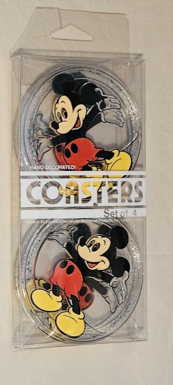 Vintage Disney Mickey Mouse  Plastic Coasters Set of 4 Hand Decorated 3 1/2\