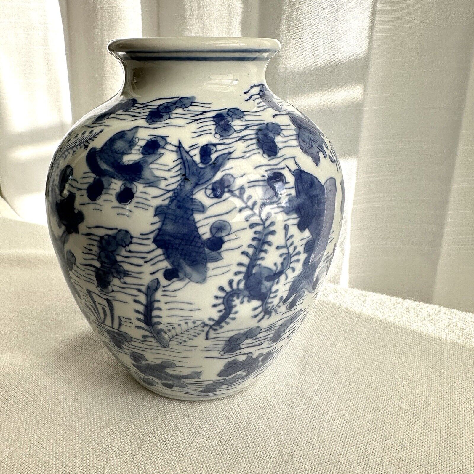 Vintage Chinese Blue & White Koi Fish Porcelain Vase 6.25” MCM Mid-Century
