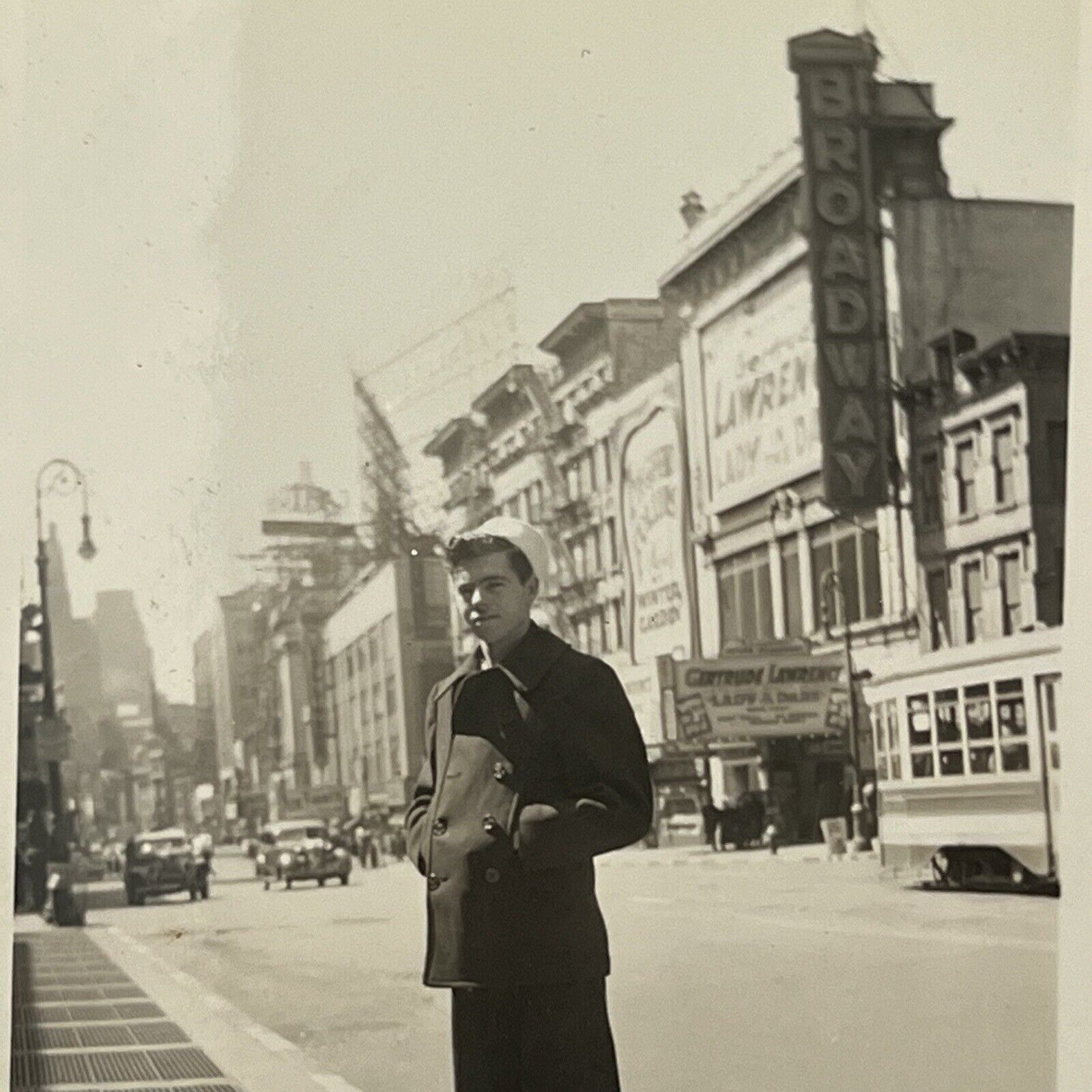 Vintage Snapshot Photograph Navy Man Broadway NY Street View Gertrude Lawrence
