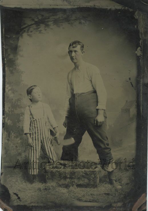 man and boy with huge shaving knife fun comic rare antique tintype photo