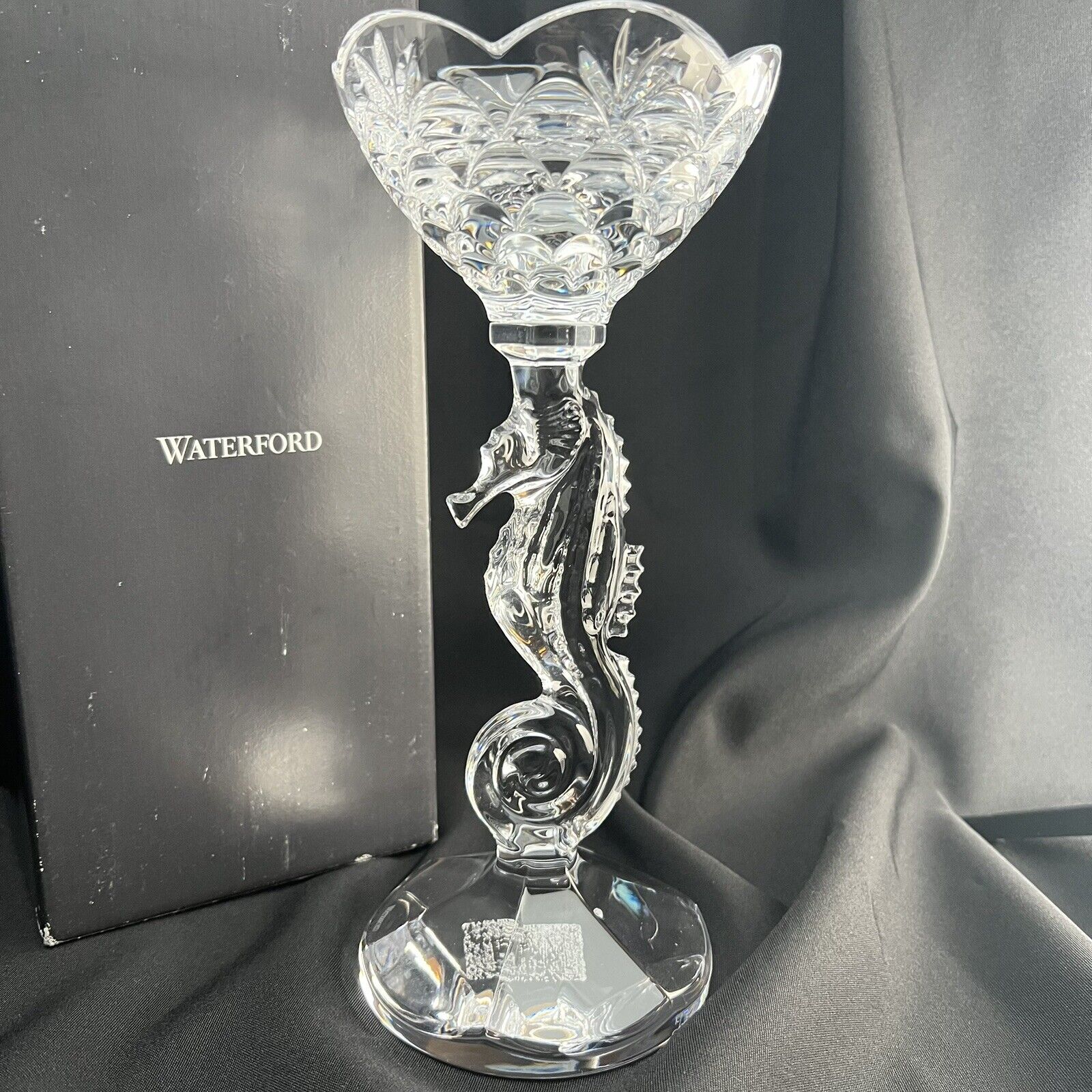 Waterford Crystal Pillar Candle Holder Candlestick Seahorse 11.25” Brennan READ