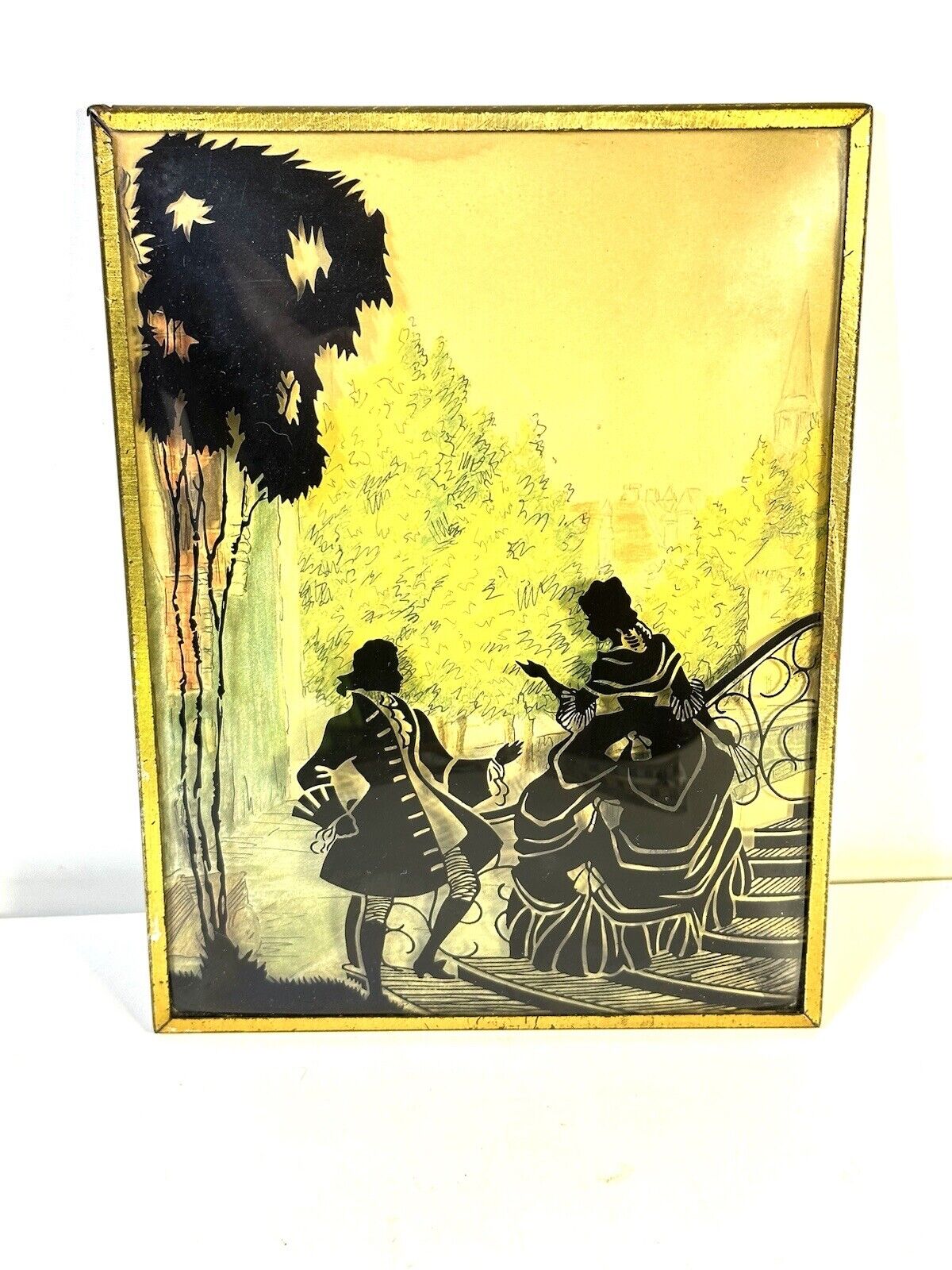 Vtg Antique 1930s Silhouette Convex Curved Glass Victorian Themed Framed Picture