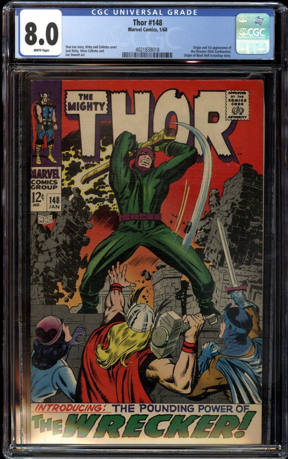 Thor #148 CGC 8.0 White Pages 1st App Wrecker Origin Black Bolt Marvel 1968