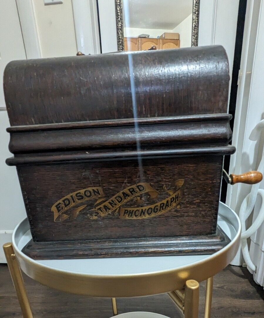 Antique 1903 Edison Standard  Cylinder Oak Phonograph With Horn Working