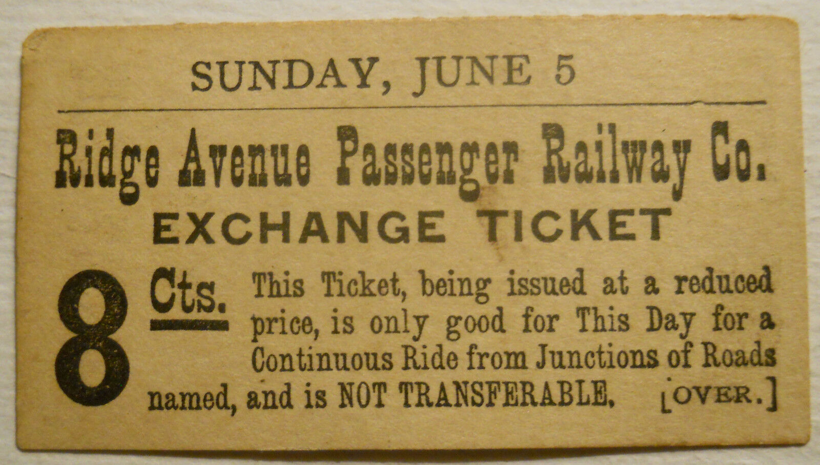 1880s-1890s Ridge Avenue Passenger Railway (Philadelphia, PA) Exchange Ticket 2