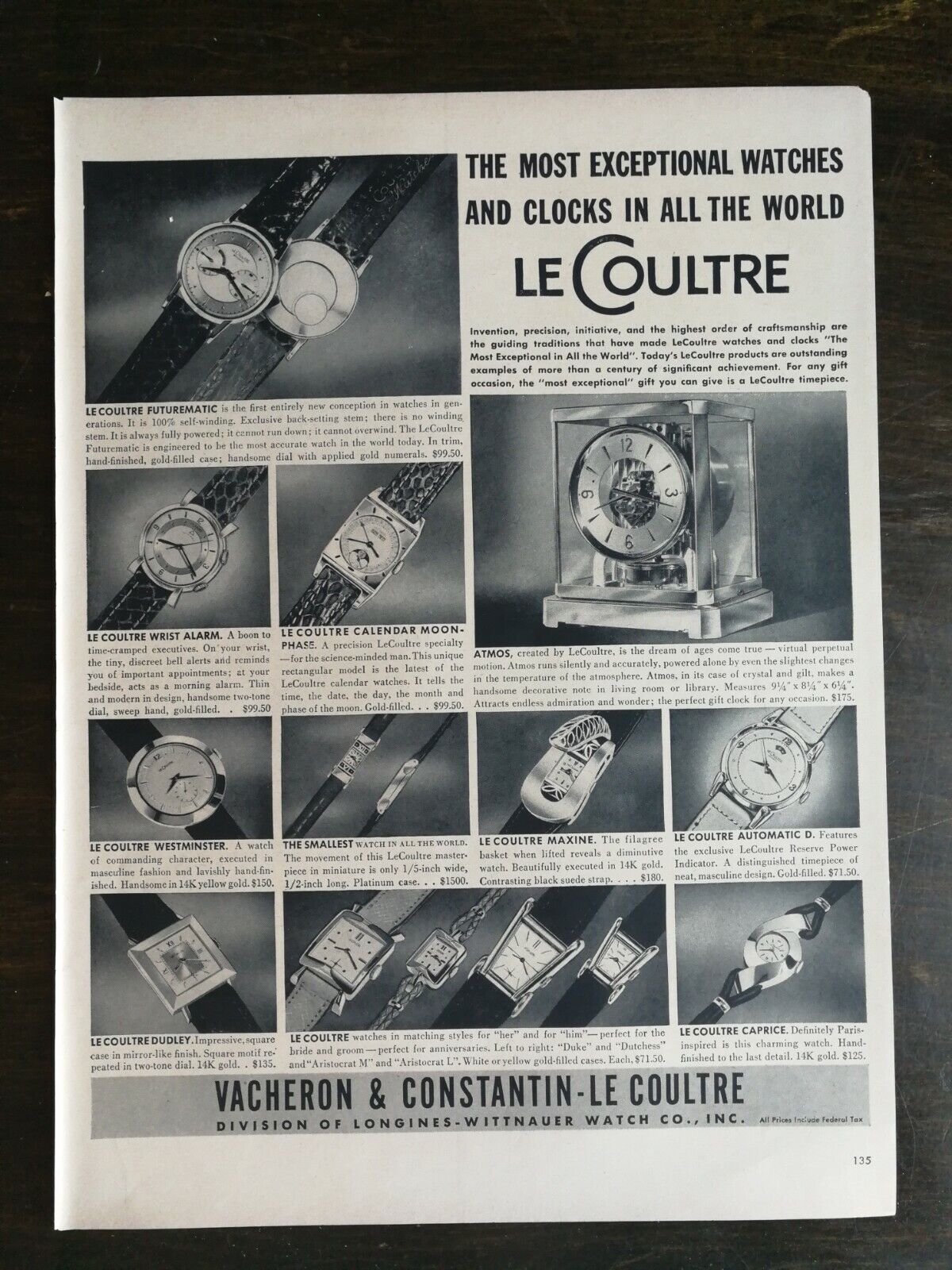 Vintage 1951 Le Coultre The Most Exceptional Watches Original Ad 721