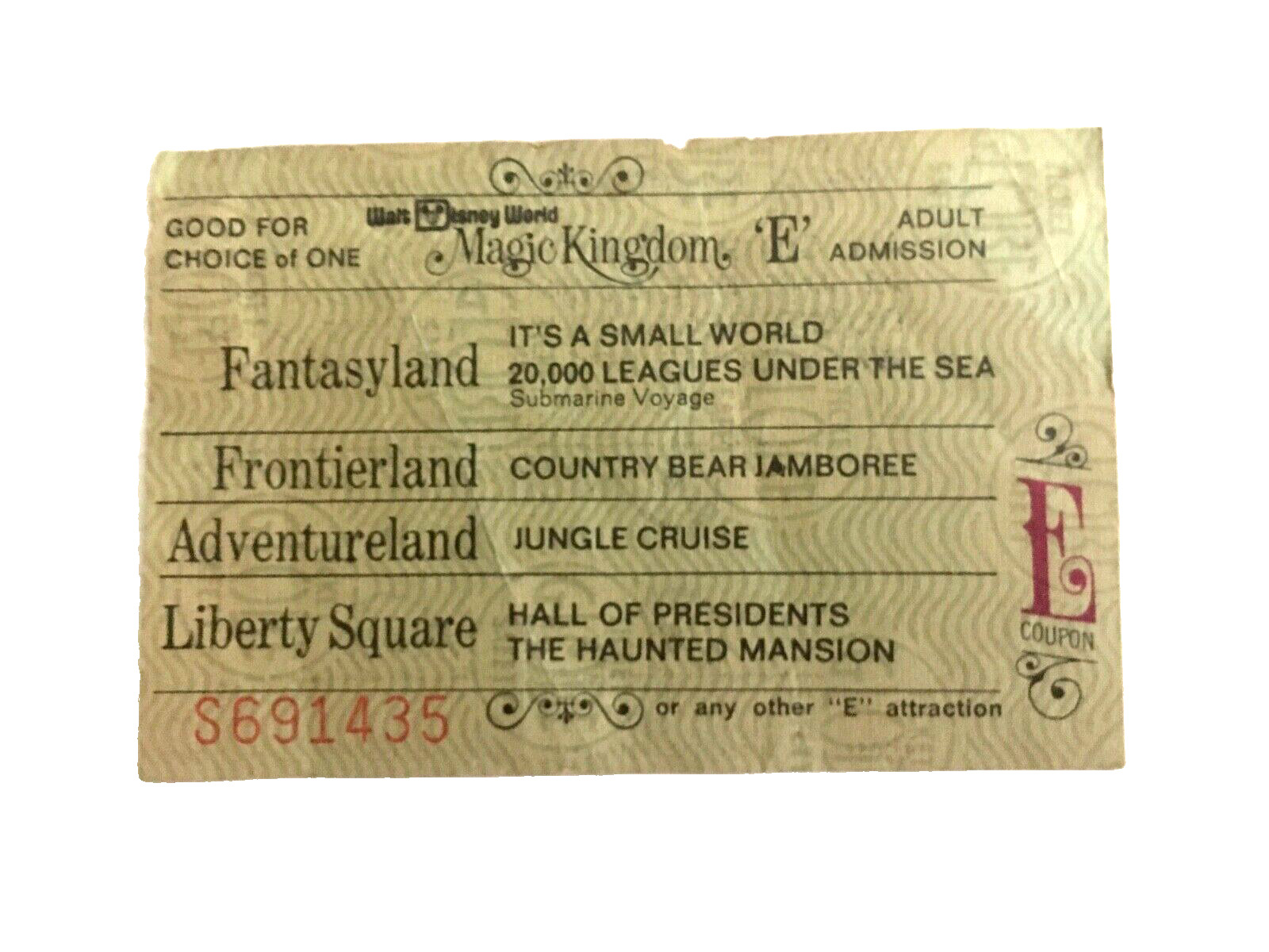 Vintage Walt Disney World Magic Kingdom Ticket E Adult