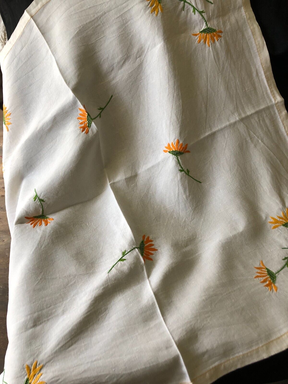 Vintage French Square Linen Embroidered Yellow/Orange Sunflowers Tablecloth