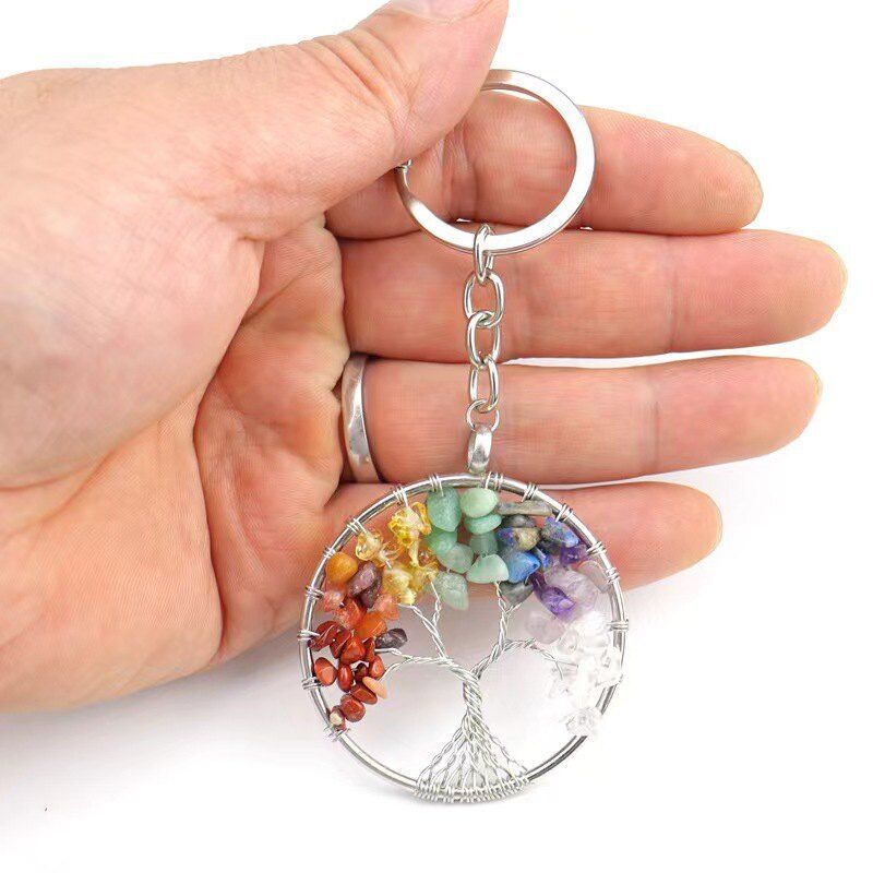 A Natural Quartz Crystal Colorful Tree of Life Keychain Chakra Repair Reiki Gift