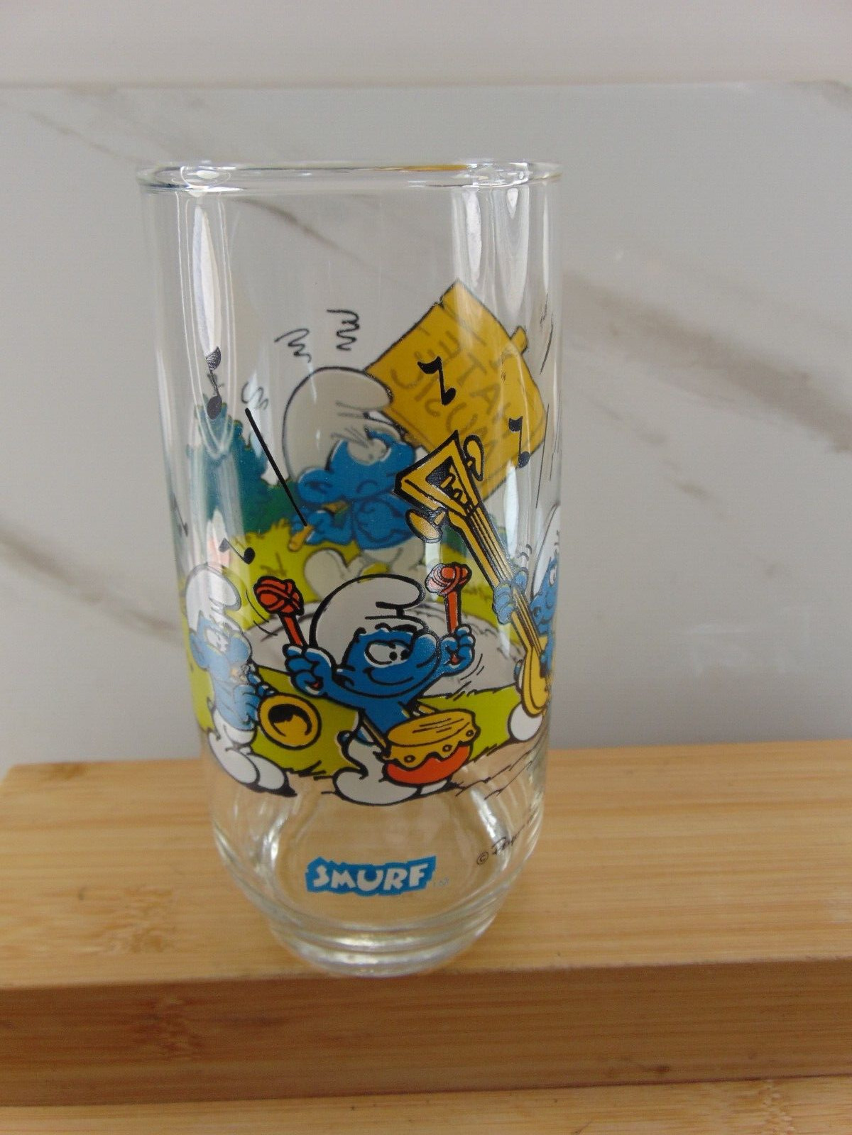 Vintage 1982 Collector Series Grouchy Smurf Drinking Glass Tumbler, I Hate Music
