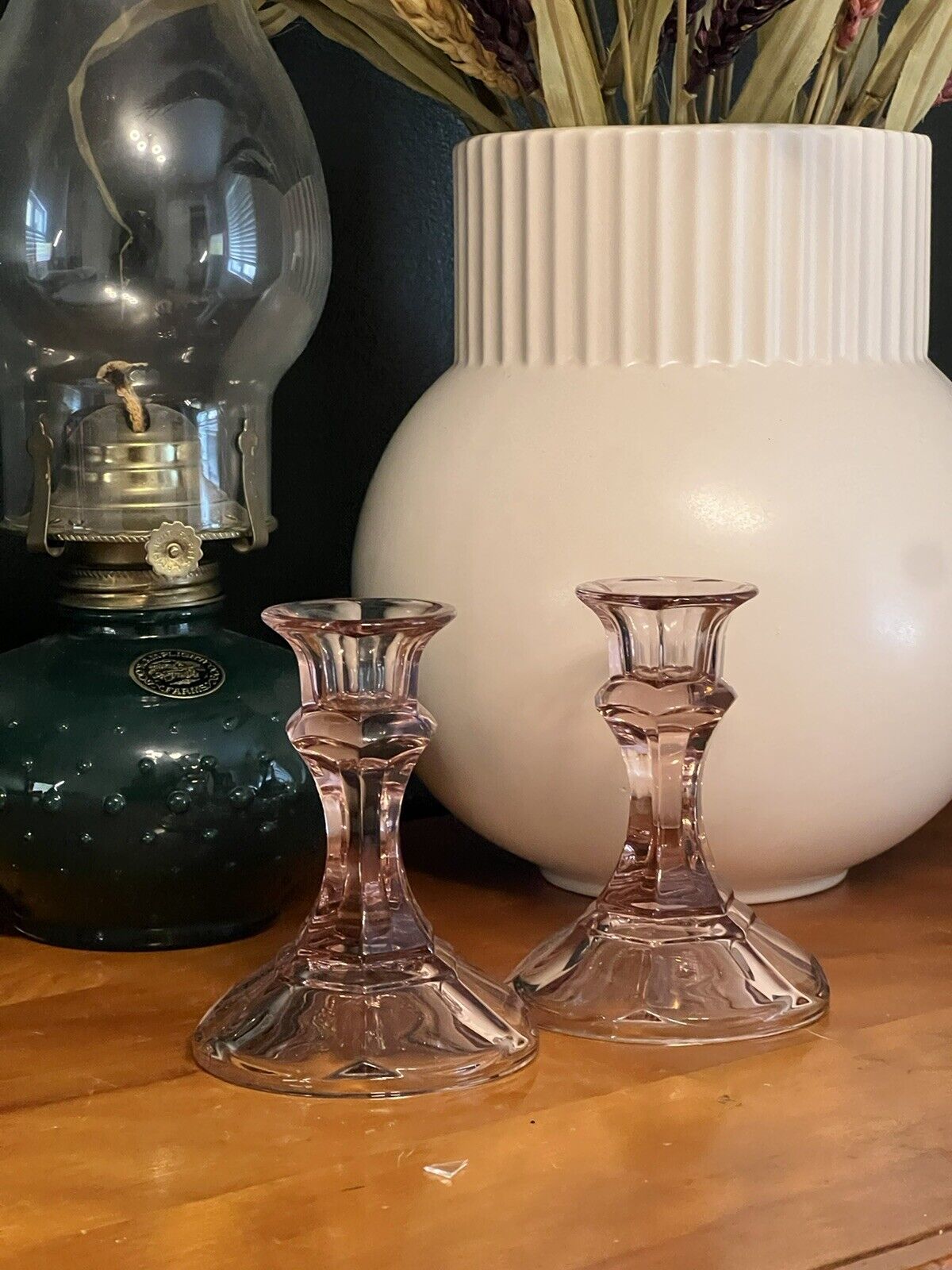 Vintage Pink tinted Glass Candle Holder - Set of 2