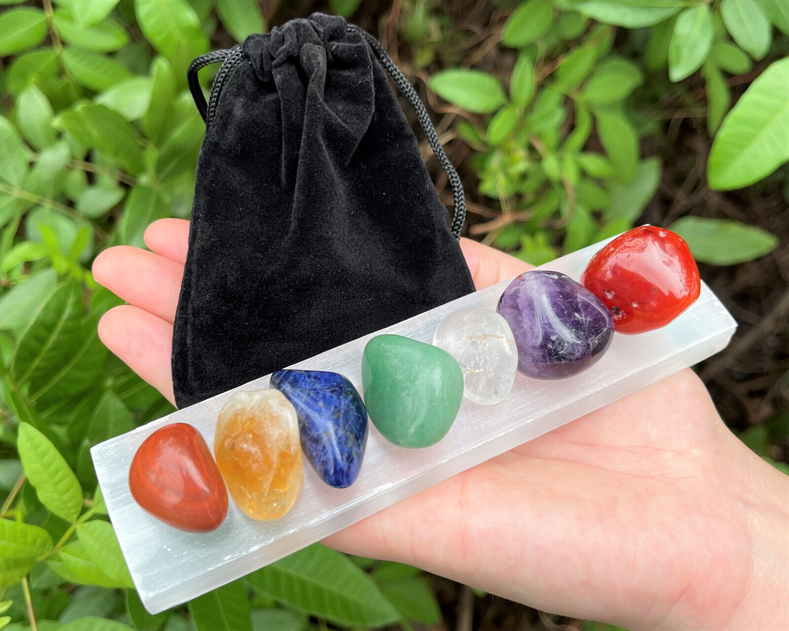 CHAKRA BALANCING: 7 Tumble Stones Pouch Polished Selenite Charging Plate + Guide
