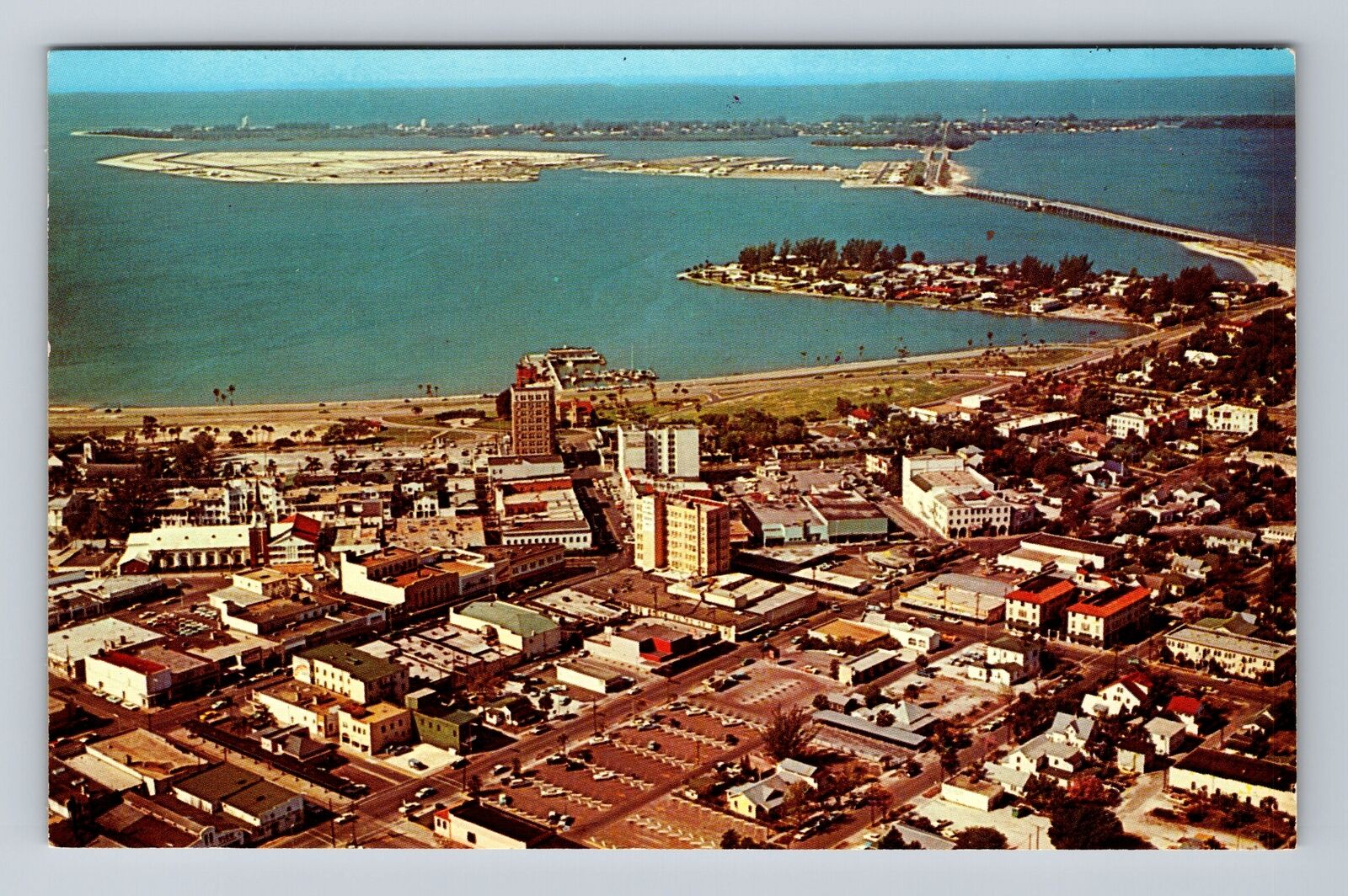 Sarasota FL-Florida, Aerial View Downtown Sarasota, Gulf Beach Vintage Postcard