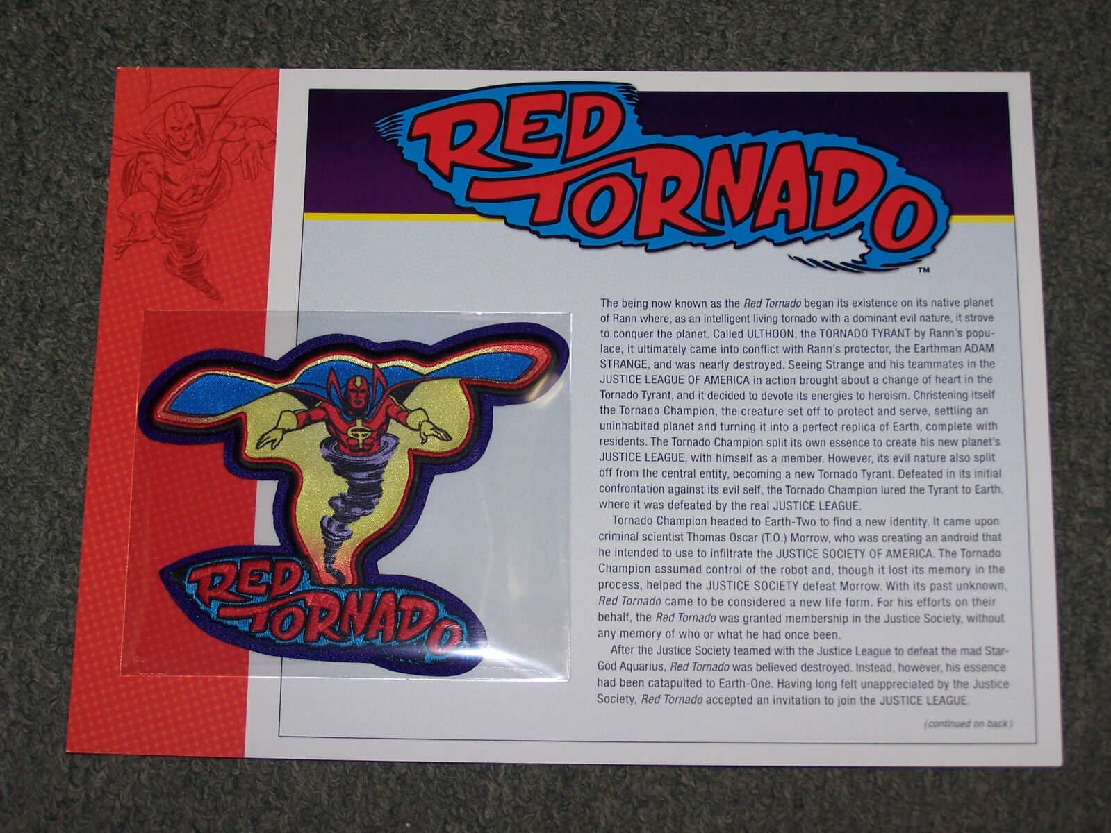 DC COMIC RED TORNADO CLOTH PATCH ON INFORMATION CARD WILLABEE & WARD  12 BY 9\