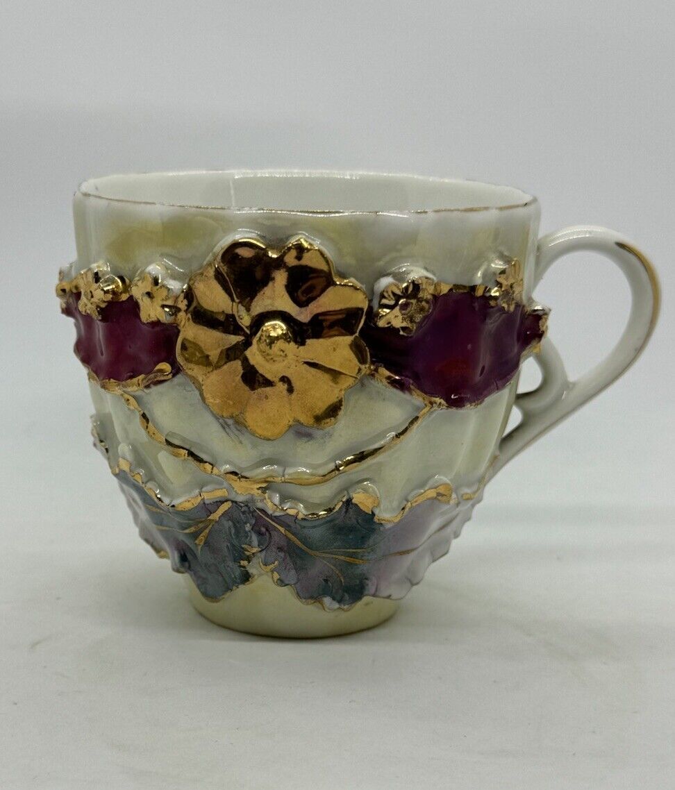 Vintage German.Lusterware Teacup with Ornate Gilt High Relief Floral Design