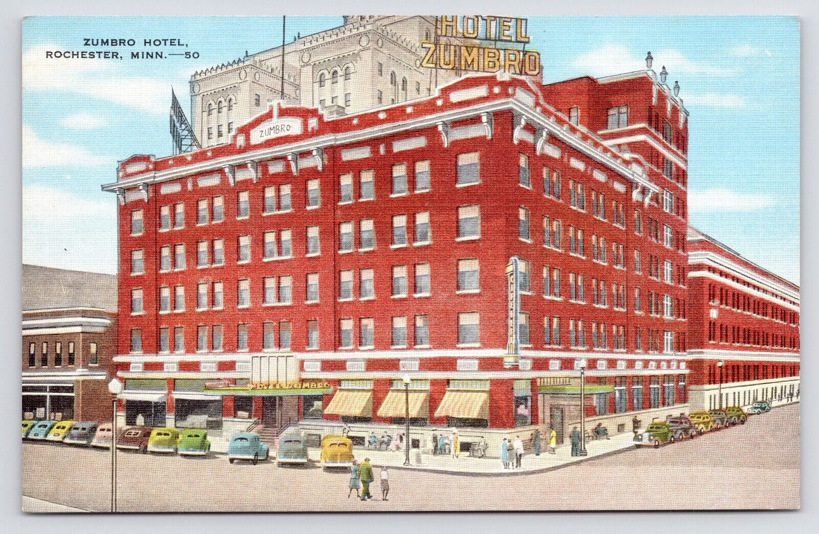 1940s-50s~Rochester Minnesota MN~Hotel Zumbro~Downtown~Cars~Vtg Postcard