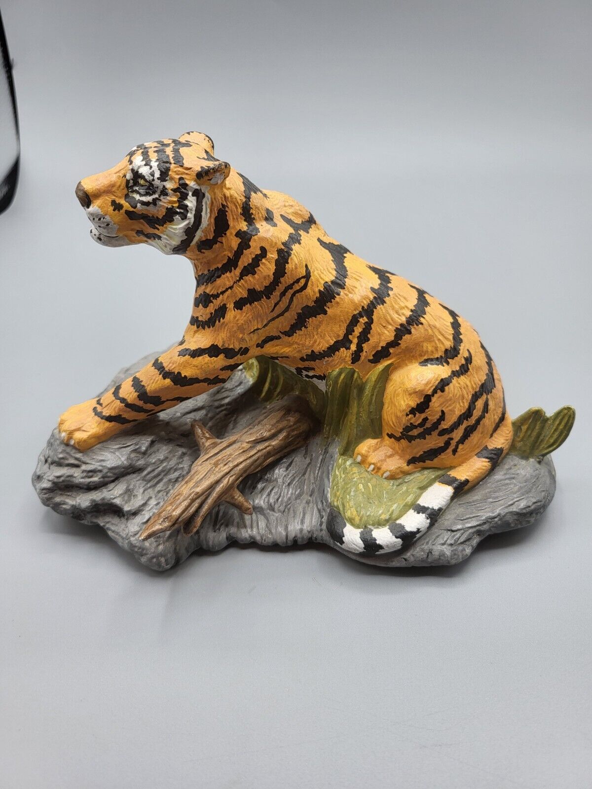 Vintage Orange Siberian Pouncing Tiger Figurine on Rock Handpainted 1995