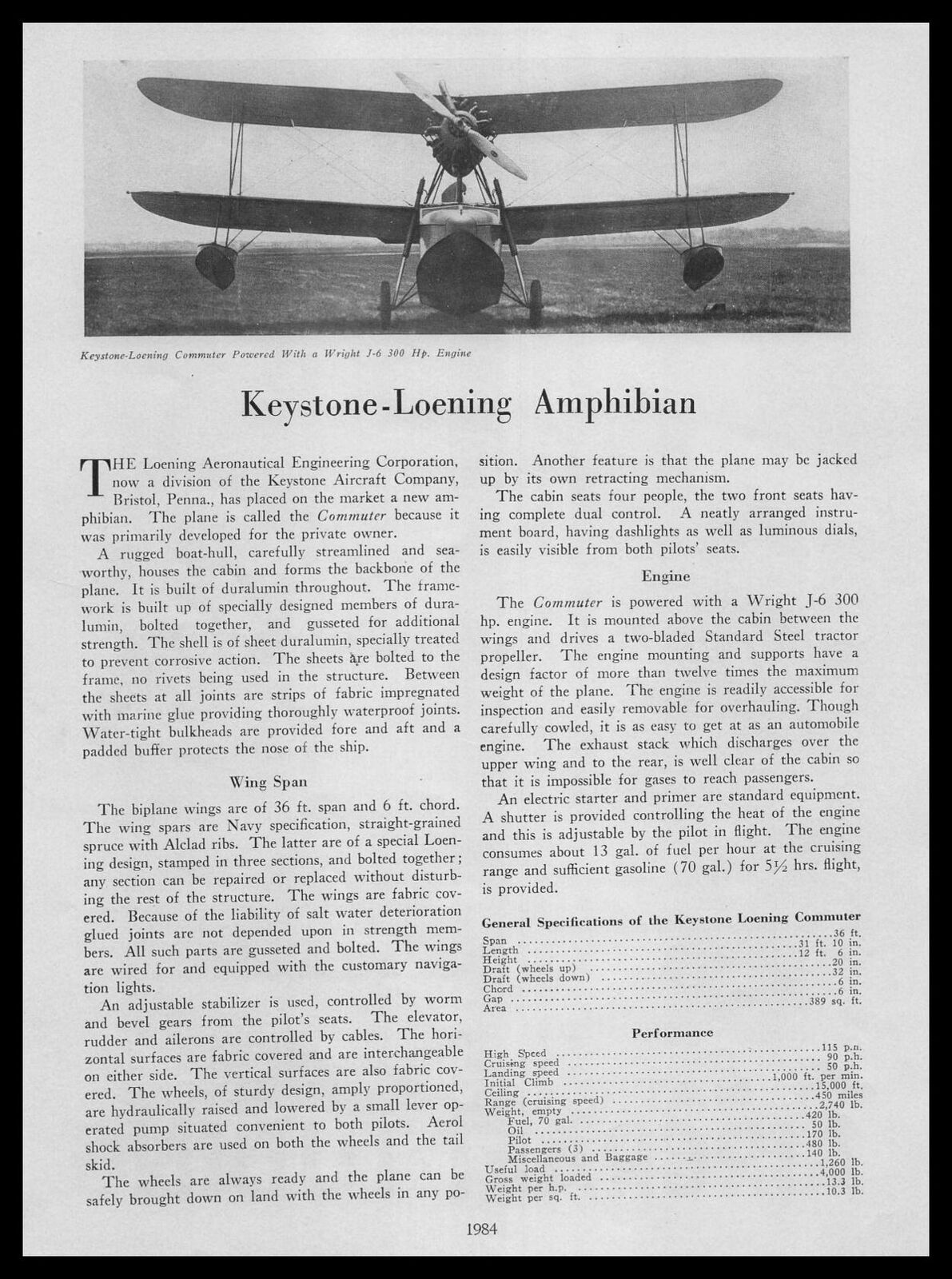 1929 Keystone Loening Amphibian Keystone Aircraft Photo Specs & Article Print Ad