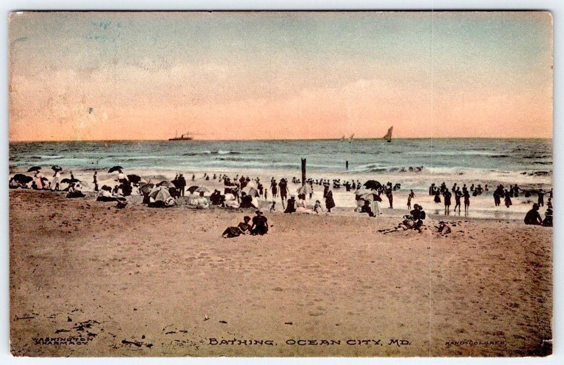 1910 OCEAN CITY MD BEACH BATHING WASHINGTON PHARMACY HANDCOLORED POSTCARD