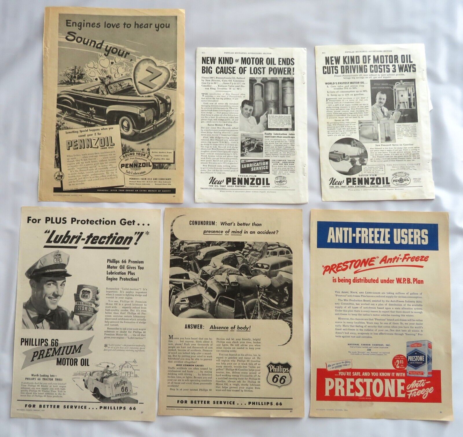 Vintage PHILLIPS 66-1947, 1949, PENNZOIL-1937, 1944 & PRESTONE-1944 magazine ads