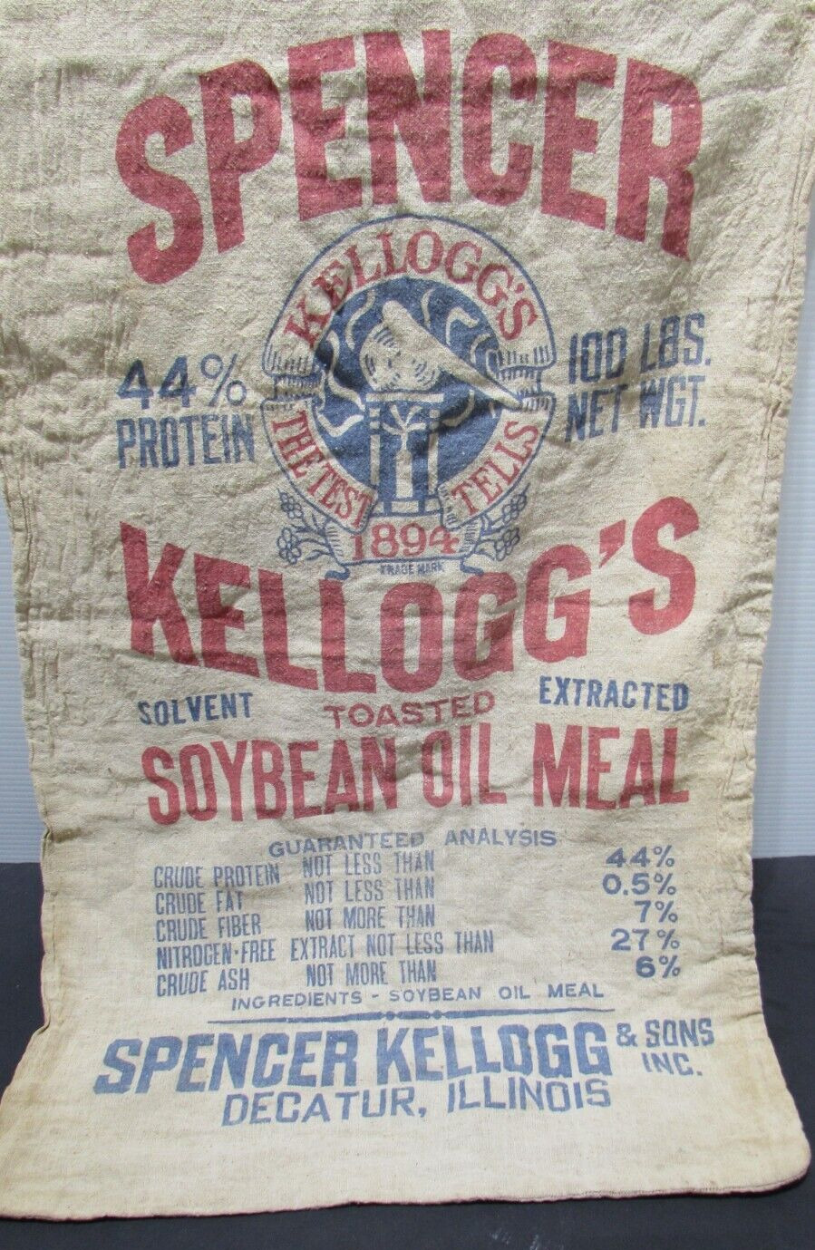 Vintage Spencer Kellogg Toasted Soybean Oil Meal Grain Sack/