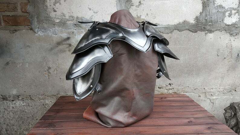 Pair of blackened pauldrons and gorget shoulder armor warrior cosplay, fantasy, 