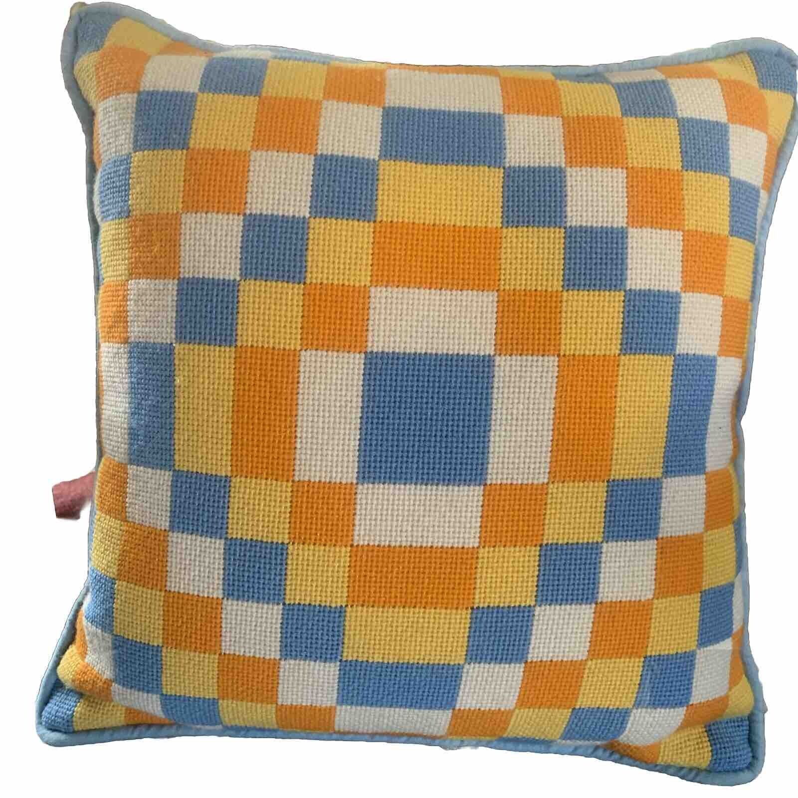 Vtg Needlepoint Psychedelic  Pillow  Geometric Shapes Groovy Mod Yellow Orange