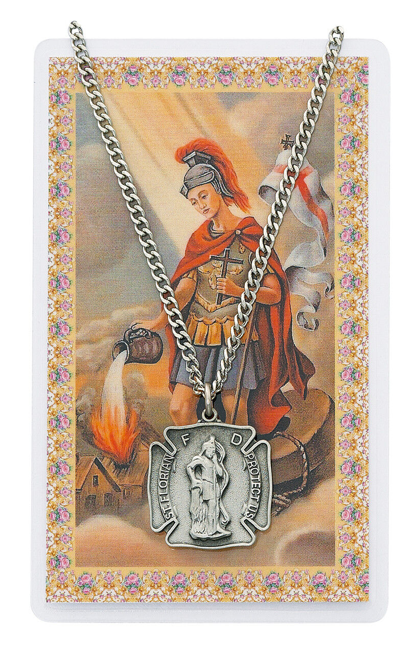 St. Florian Necklace for Firefighters with Medal and Laminated Prayer Card