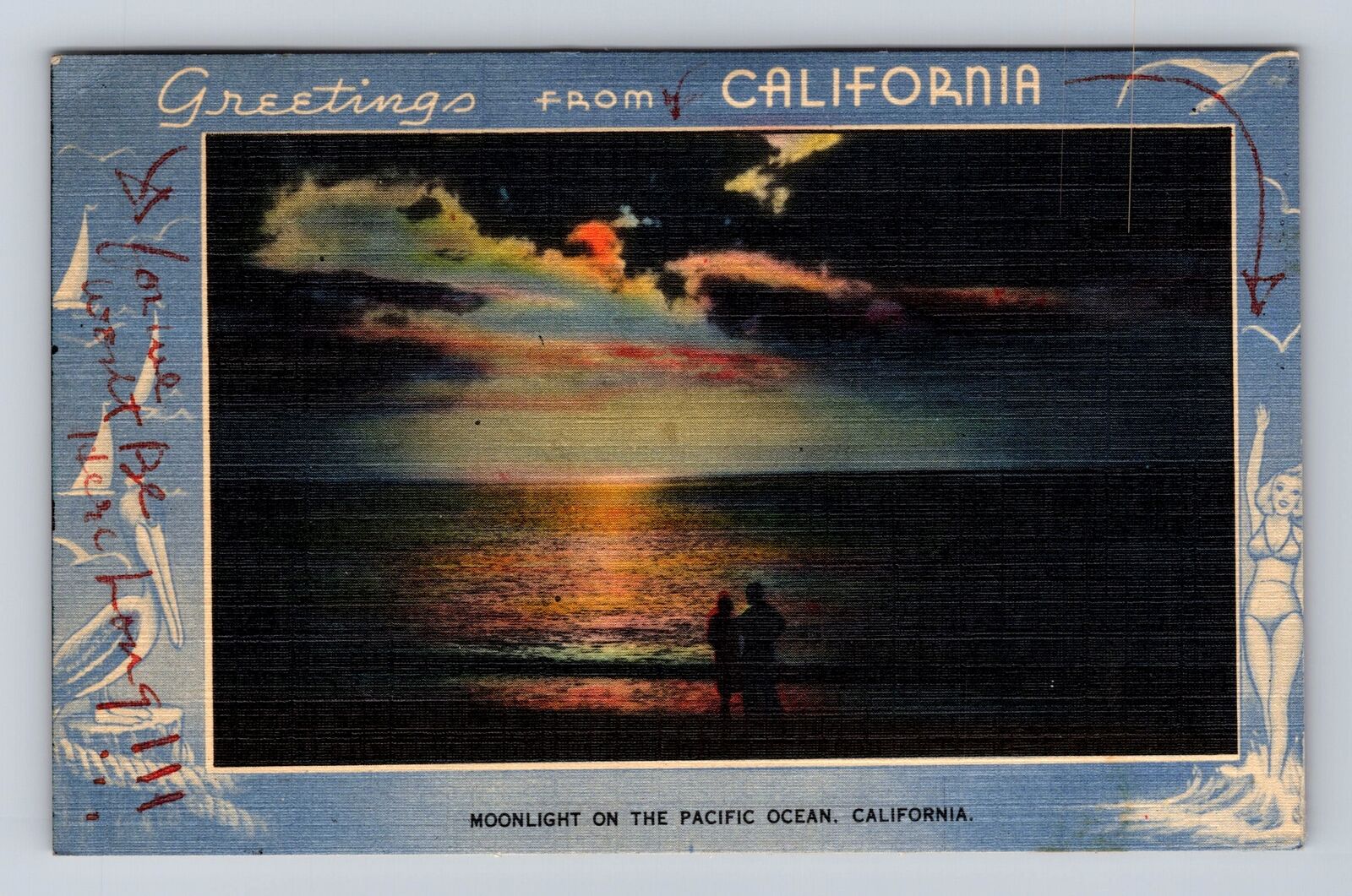 Pacific Ocean CA-California, Moonlight, Scenic Greetings, Vintage c1949 Postcard