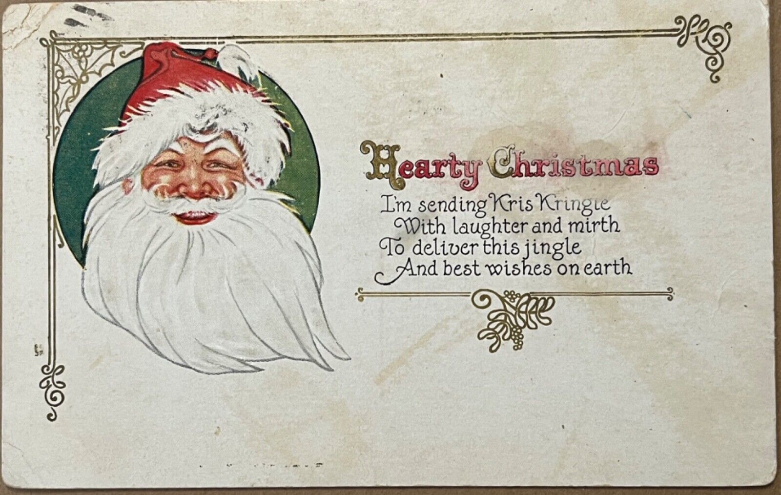 Antique Christmas Santa Clause Head Art Nouveau Postcard c1910