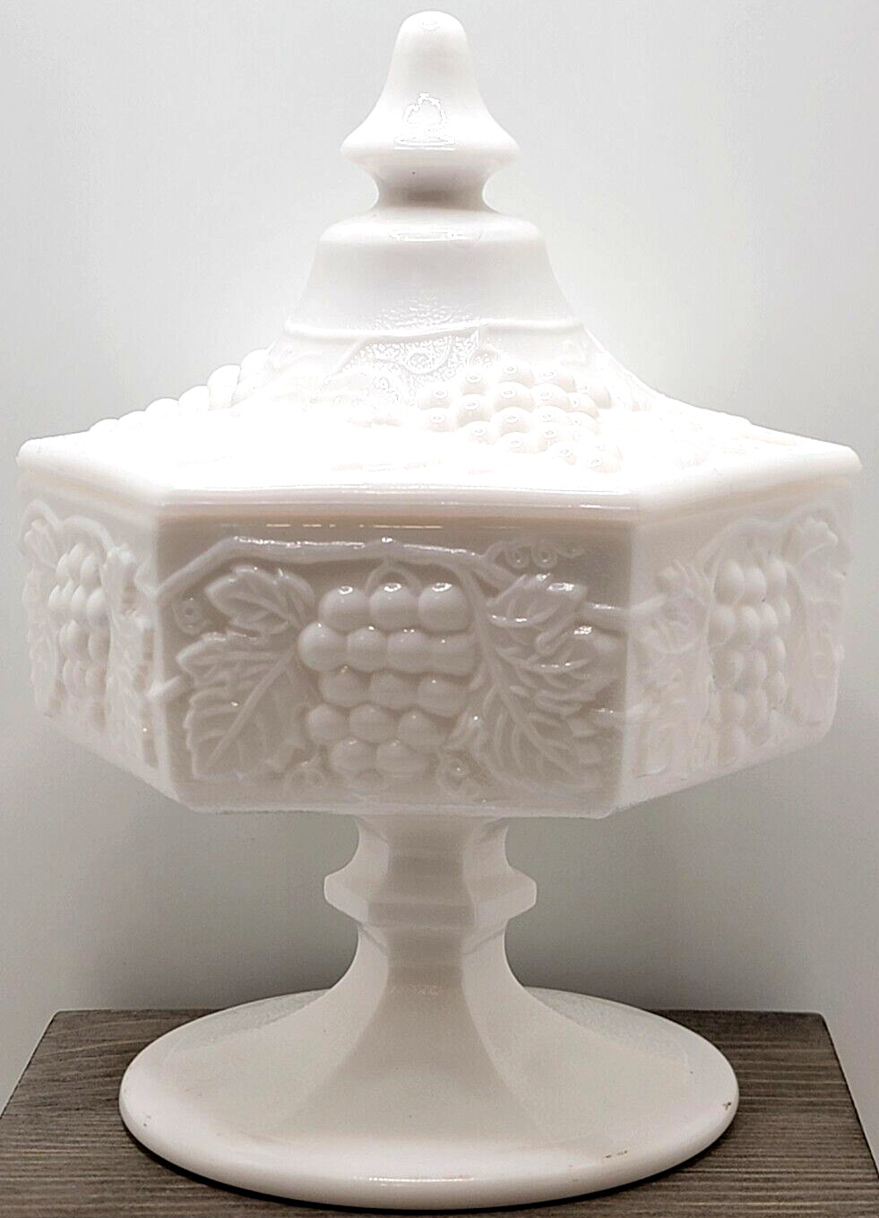 Vintage Imperial Milk Glass Pedestal Footed Candy Dish w/Lid Grapes Leaves
