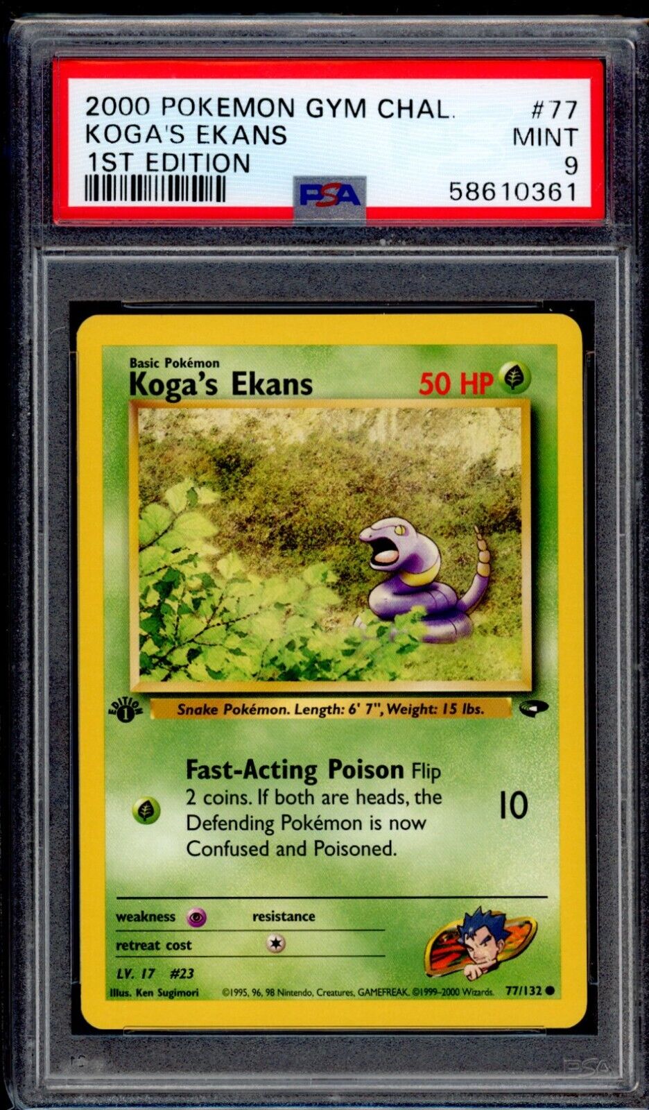 PSA 9 Koga\'s Ekans 1st Edition 2000 Pokemon Card 77/132 Gym Challenge