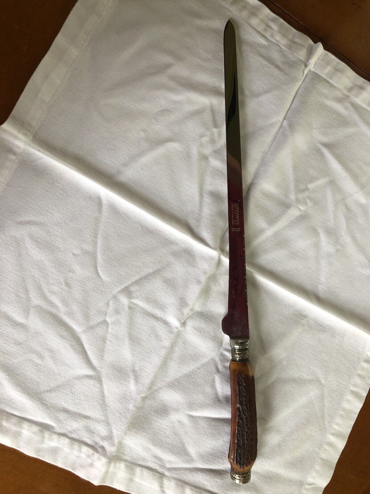 17” Vintage Long Hoffritz Slicing Knife Antler Handle England 12” Blade, + case