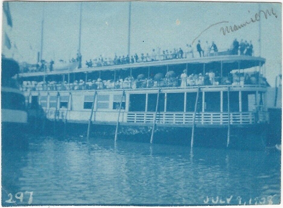 Sunday School Excursion Long Island Steamer Ship 1908 Cyanotype Snapshot Photo