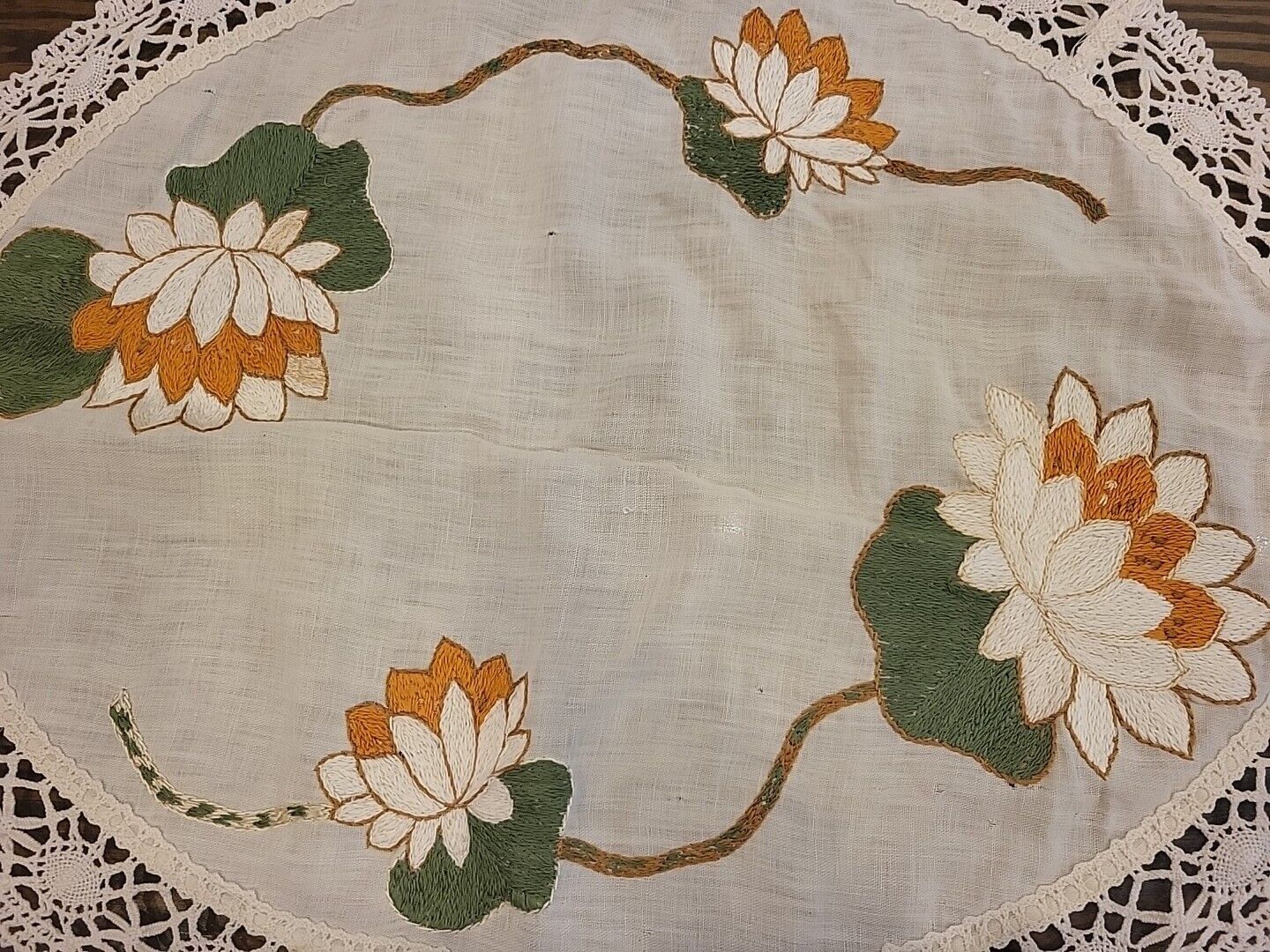 VINTAGE HAND EMBROIDERED LOTUS LINEN  SMALL HOLES MINOR WATER LILIES